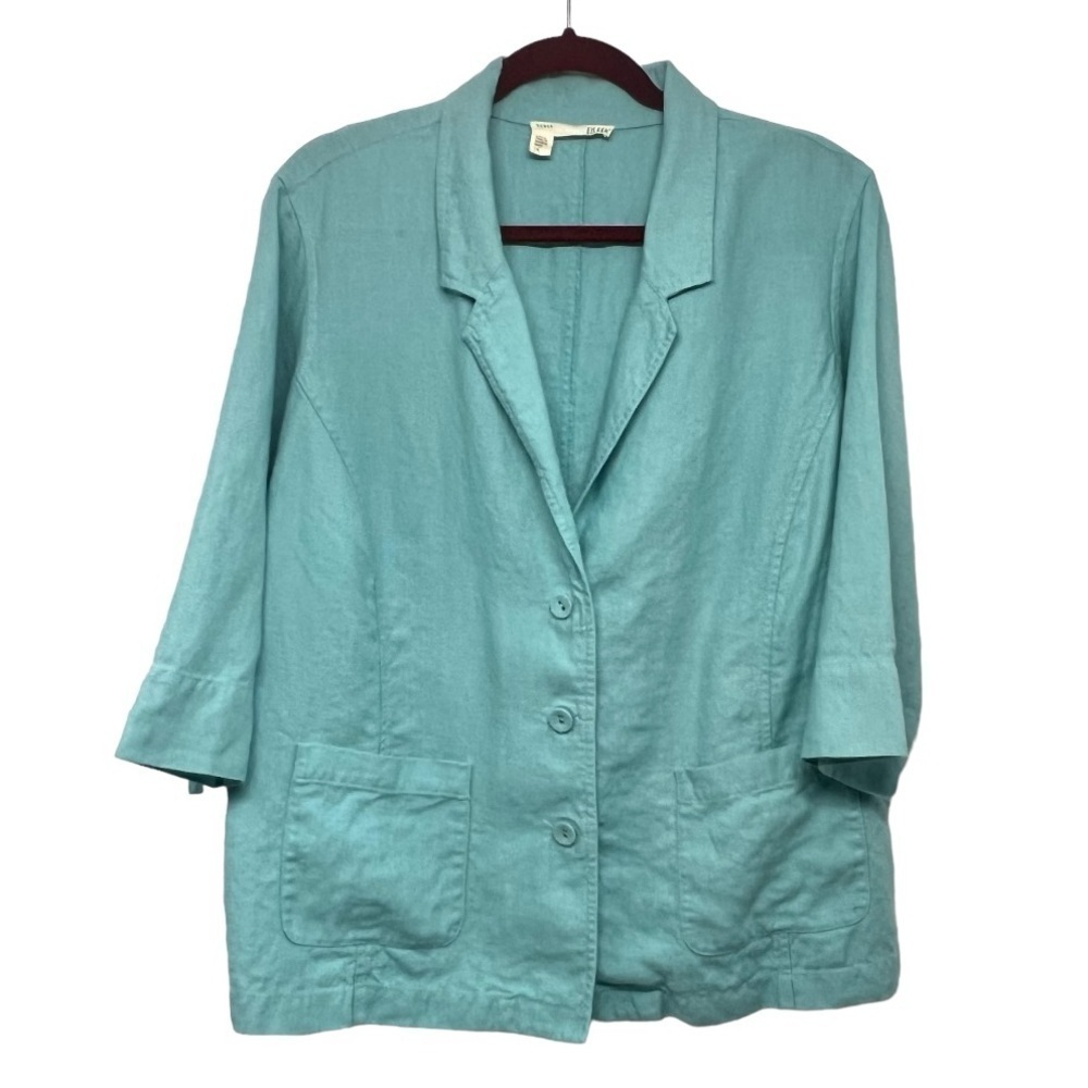 Eileen Fisher Aqua Blue Linen 3/4 Sleeve Button Front Blazer Jacket Women’s 1X - Picture 6 of 11